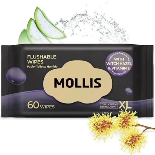 MOLLIS Flushable Toilet Wipes, Extra Large Unscented Wet Wipes for Adults, 100% Plant-Based with Witch Hazel & Vitamin E, Sewer & Septic Safe, 60 Count - Featured
