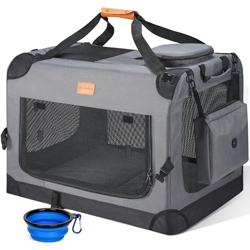 Morpilot Large Dog & Cat Carrier | Soft-Sided Pet Travel Crate, Foldable Dog Car Crate, with Collapsible Bowl, Shoulder Strap & Storage Pockets, L, Grey, (Max 18kg) - Featured