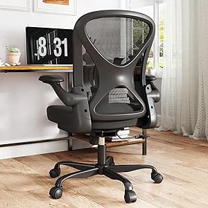 ZZH Ergonomic Mesh Office Chair with Adjustable Lumbar Support ＆ Flip-up Arms, Breathable Computer Home Desk Chair with 360 & Height Adjustment, Black - Featured