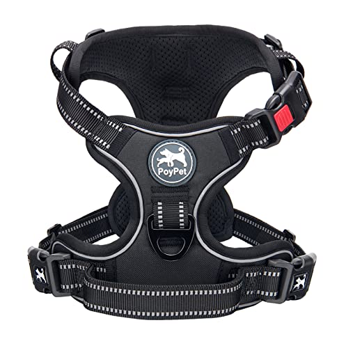 PoyPet No Pull Dog Harness with Neck Release Buckle, Reflective No-Choke Harness with 2 Leash Clip, Adjustable Soft Padded Pet Vest with Easy Control Handle for Medium Dogs (Black,M) - Featured