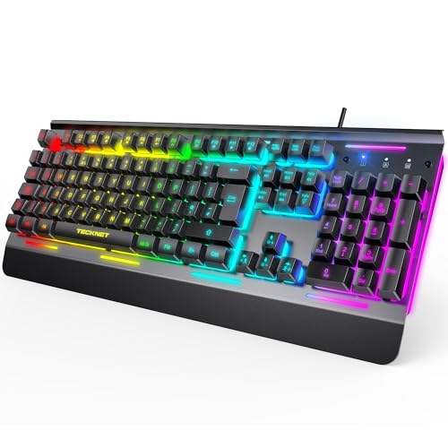 TECKNET RGB Gaming Keyboard UK Layout, USB Wired Computer Keyboard with 15-Zone RGB Illumination, All-Metal Panel, 25 Anti-ghosting Keys, 105 Keys, IP32 Water & Dust Resistant, 90% Quiet Keyboards - Featured