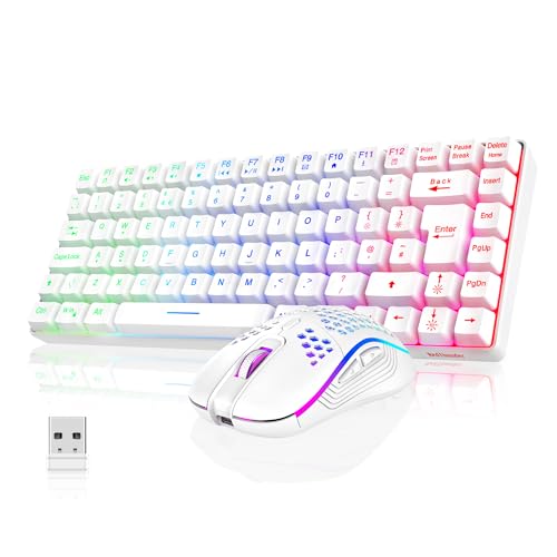 RedThunder K84 75% Wireless Gaming Keyboard and Mouse Rainbow Backlight UK Layout 85 Keys TKL Ultra Compact Mini Design Lightweight Honeycomb Gaming Mouse for PC Mac PS5 Xbox Office Gamers (White) - Featured