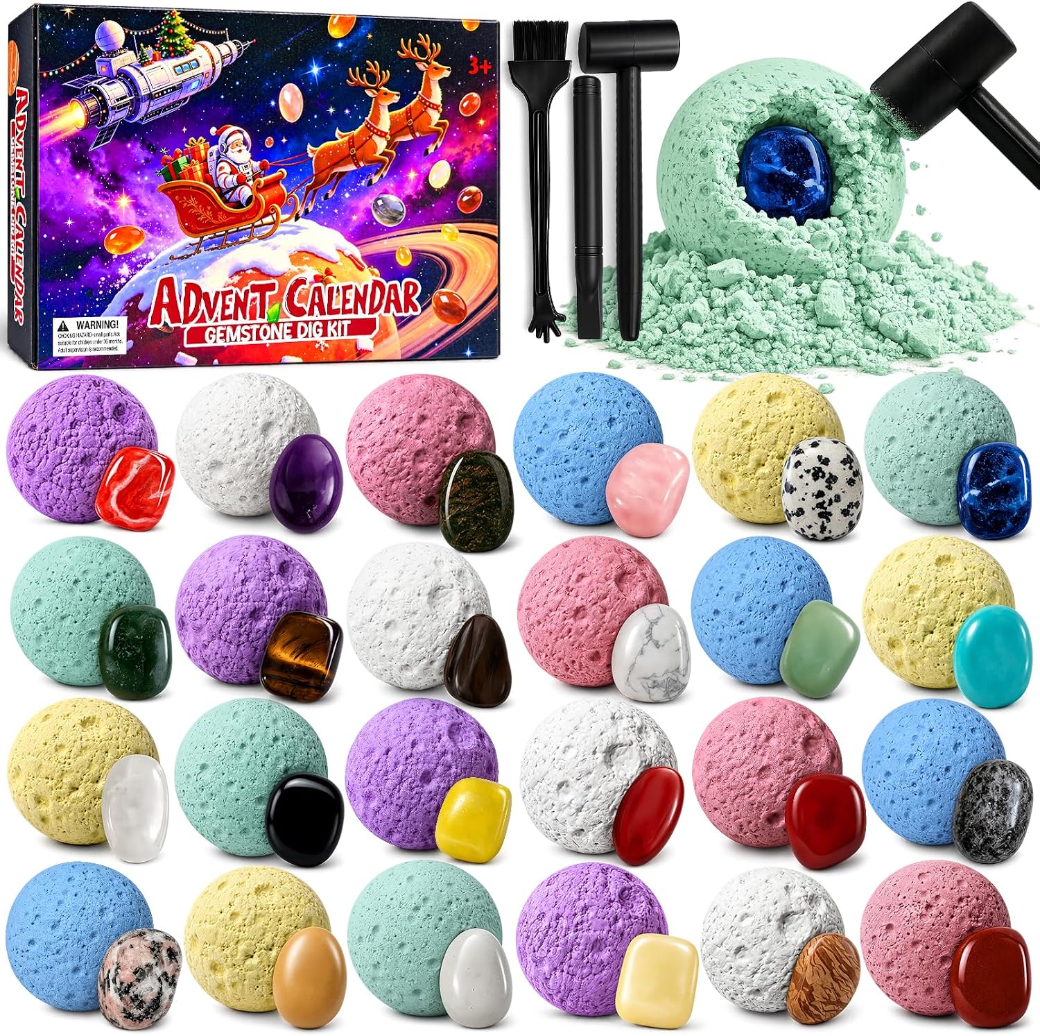 Gemstone Dig Kit Advent Calendar 2026 24 Days with 3 Digging Tools