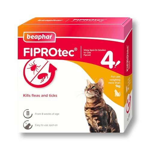 Beaphar - FIPROtec Spot-On Flea & Tick Treatment for Cats - 4 Pipettes - Kills Fleas & Ticks - Veterinary Medicine - Easy to Apply Monthly - For Cats & Kittens from 8 Weeks Old, Weighing Over 1kg - Featured