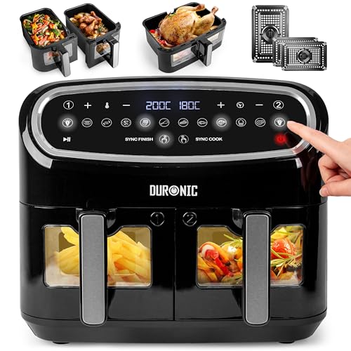 Duronic XXL Air Fryer AF34 BK 10L Digital Family Size Air Fryers Oil Free Triple Drawers 10in1 Dual Zone Extra Large AirFryer for Family Cooking with Dishwasher Safe Non-Stick Baskets Black - Featured