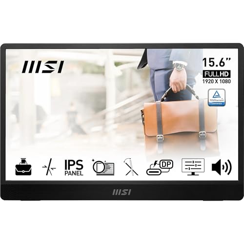 MSI PRO MP161 E2 15.6 Inch Full HD Portable Monitor - 1920 x 1080 IPS Panel, 60Hz, Eye-Friendly Screen (PC, Laptop, Mobile), Speakers, Enhanced Chassis & Kickstand - Mini-HDMI 2.0b, 2 x USB Type-C - Featured