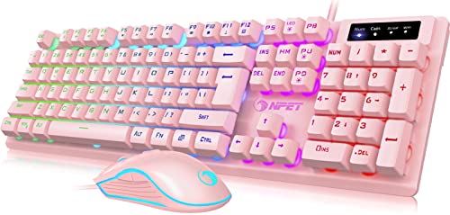 NPET S20 Wired Gaming Keyboard Mouse Combo, LED Backlit Quiet Ergonomic Mechanical Feeling Keyboard, Backlit Gaming Mouse 6400 DPI, for Desktop, Computer, PC, Pink - Featured