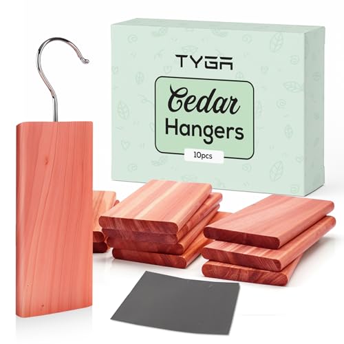 TYGA 10 Cedar Wood Blocks 100% Natural Moth Repellent for Wardrobe - Sustainable Cedar Hangers with Fresh Aroma, Long-Lasting Cedarwood Moth Repellent Blocks - Anti-Moth Blocks with Sandpaper - Featured
