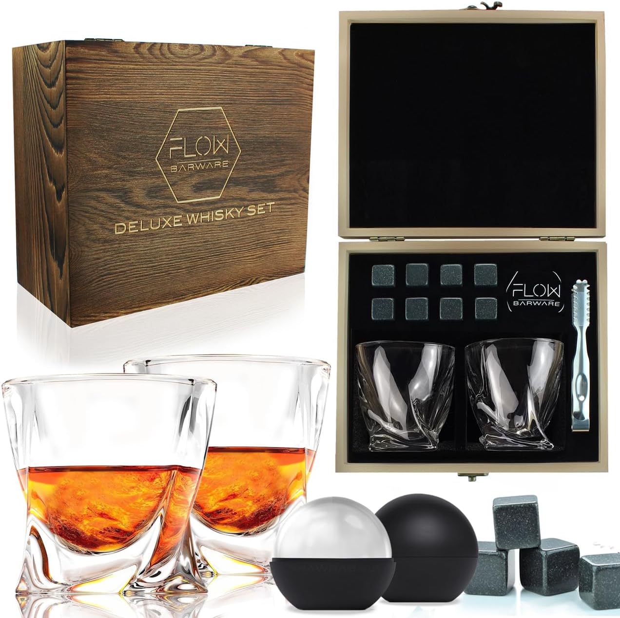 FLOW Barware Twist Whisky Glasses Set of 2 & Whisky Stones Gift Set