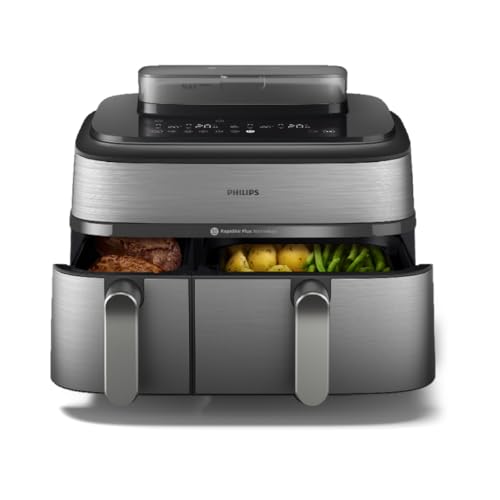 Philips Steam Airfryer 5000 Series Dual Basket - Airfryer & Steamer, 9 Litre, RapidAir Plus, 19 Cooking Functions, 90% Less Fat, 2 Baskets, Steam Cleaning, Silver (NA555/00) - Featured