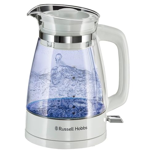 Russell Hobbs Carafe Style 1.7L Cordless Electric Glass Kettle with white handle, lid & base and blue internal illumination (Fast boil, 3KW, Anti-scale filter, Pull off lid, unique glass spout) 26081 - Featured