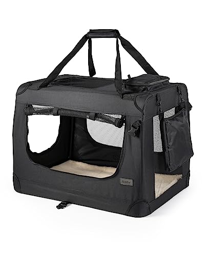 lionto Dog transport box foldable for travel & car, 60x42x44 cm, sturdy transport box with carrying handles & blanket for cats & dogs up to 12 kg, sturdy fabric dog box for small & large, black - Featured