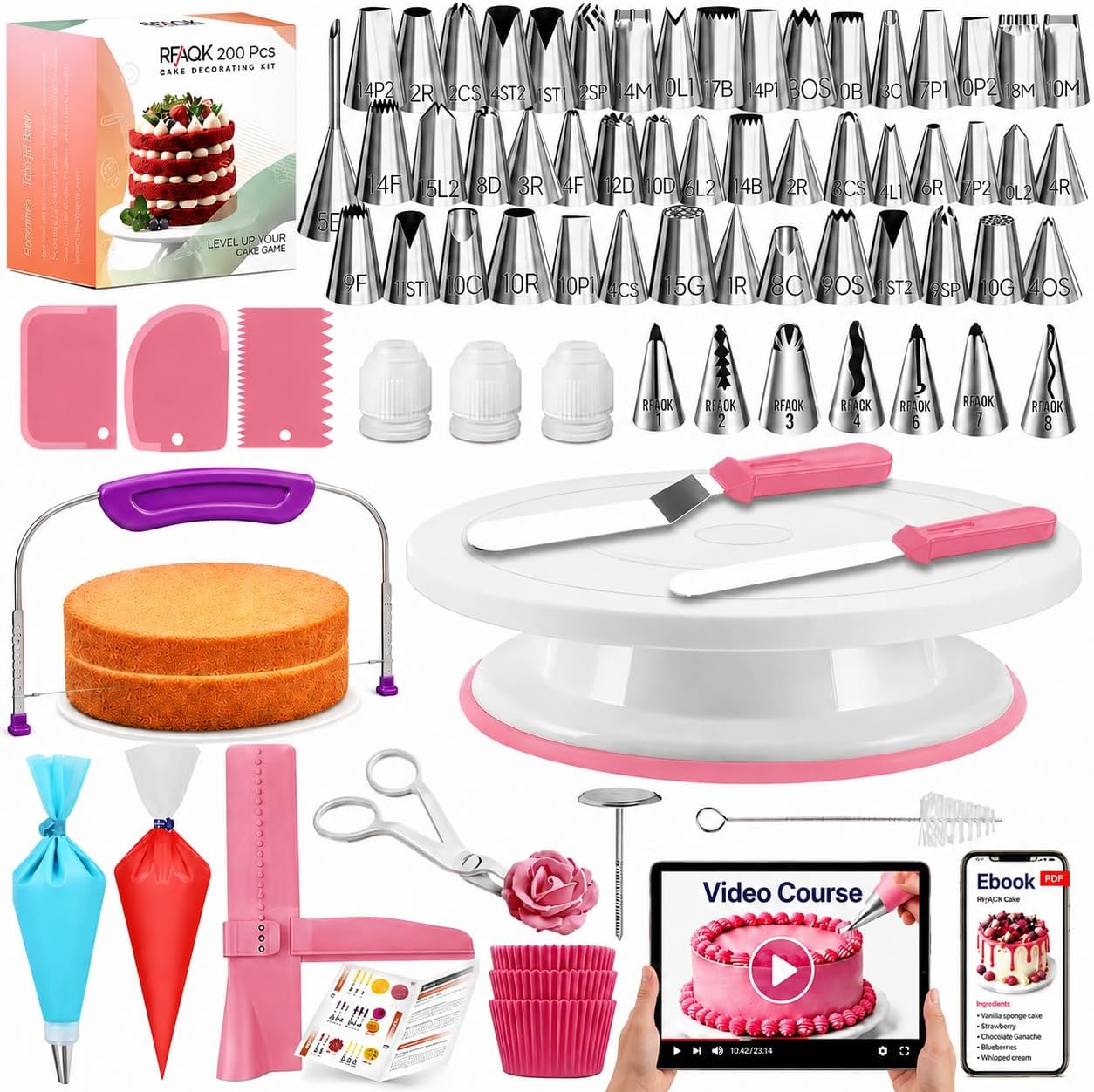 RFAQK 200-Piece Cake Decorating Kit with Turntable
