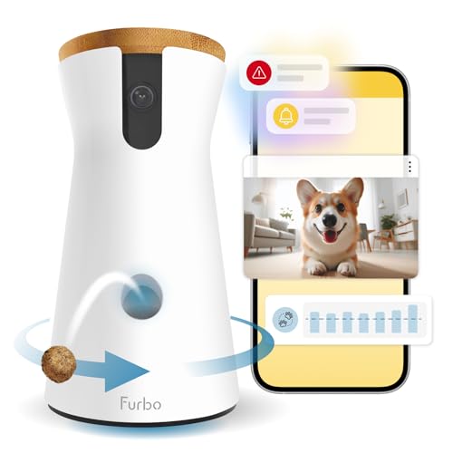Furbo 360° Dog Camera w/Home Safety Package [PREMIUM W/SUBSCRIPTION] Smart Pet Monitor w/App for Dog & Home, Rotating 360° View, Colour Night Vision, Auto-Tracking, Treat-toss, Barking, Smart Alert - Featured