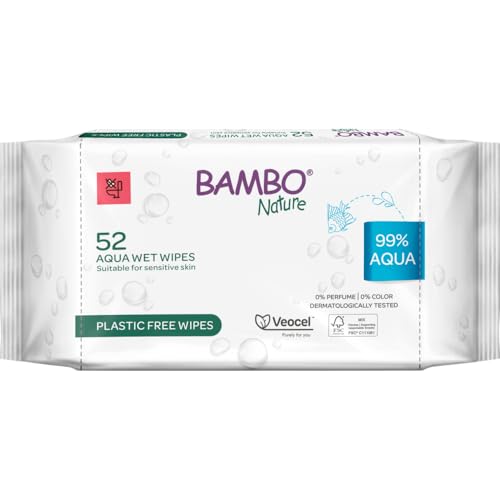 Bambo Nature Aqua Wet Wipes, 1 Pack (52 Wipes), 99% Water, Sensitive Skin Safe, Extra Soft Baby Wipes with 100% Veocel Viscose, Irritation Free for Delicate Skin, Fragrance Free, Ideal for Daily Use - Featured