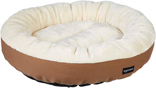 Amazon Basics Round Bolster Pet Bed for Dog or Cat with Flannel Top, 50 x 50.8 x 15.2 Th cm, Brown and Ivory - Featured