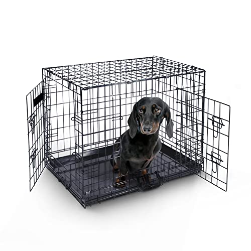 Furdreams 24” Heavy-Duty Folding Dog Crate for Small Dogs, Black Metal Cage with Front & Side Doors, Chew-Resistant, Removable Plastic Tray & Carry Handle, Dog Training Cage Crate (60 x 45 x 50 cm) - Featured